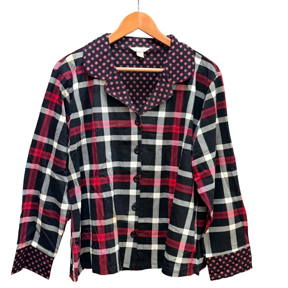 Vera Bradley Pajamas Women XL Black Plaid Button Down Sleepwear Set Loungewear